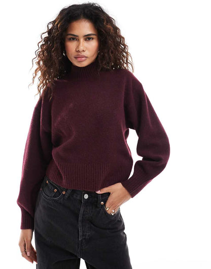 Monki knitted turtleneck sweater in burgundy
