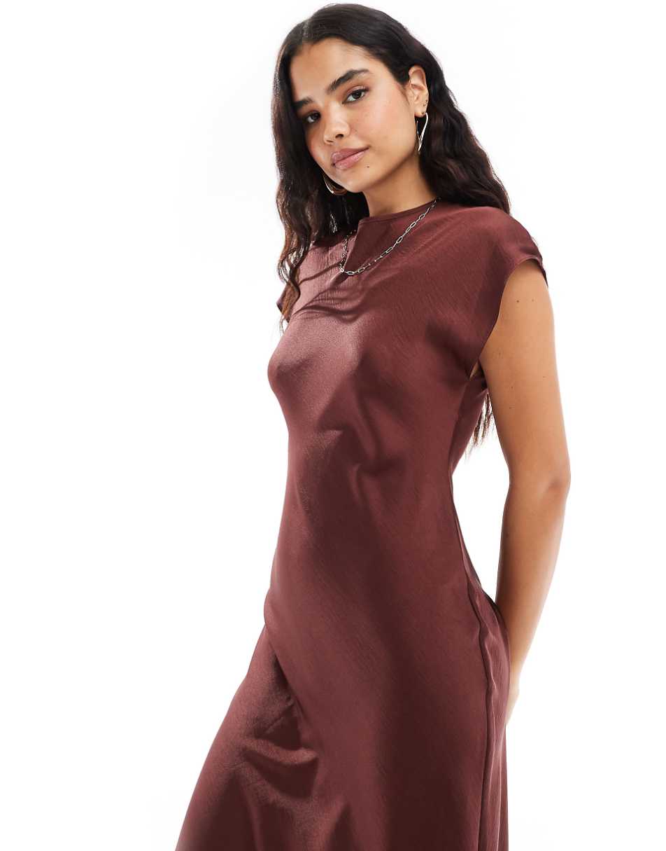 ASOS DESIGN cap sleeve satin midi dress in bitter chocolate