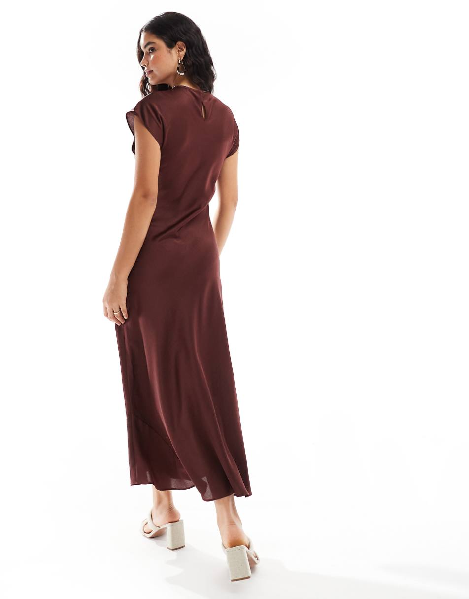 ASOS DESIGN cap sleeve satin midi dress in bitter chocolate