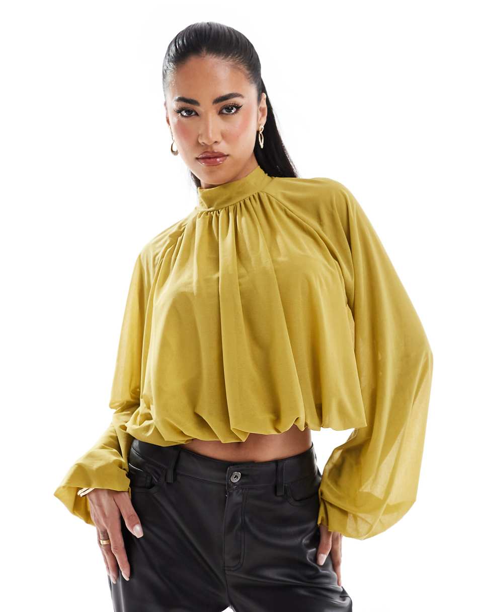 ASOS DESIGN high neck mesh blouse with volume sleeve in chartreuse