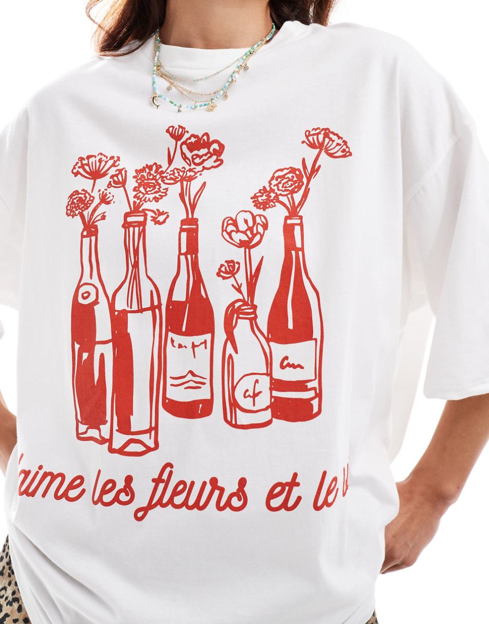 ASOS DESIGN oversized T-shirt with flower and wine graphic in white