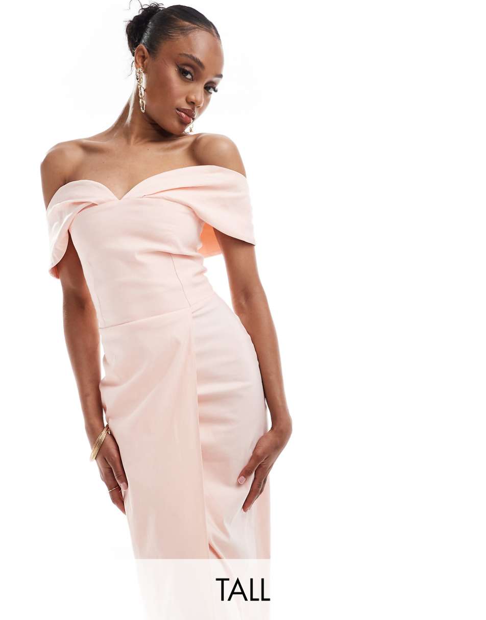 Vesper Tall off the shoulder sweetheart neck wrap midaxi dress in baby pink