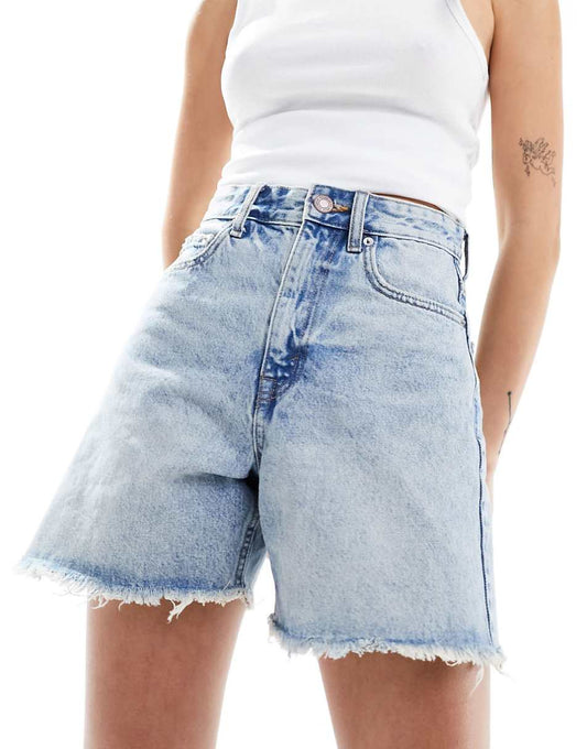 Pull&Bear high rise raw hem longline denim shorts in light blue