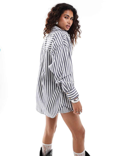 Free People striped oversized boyfriend shirt in navy