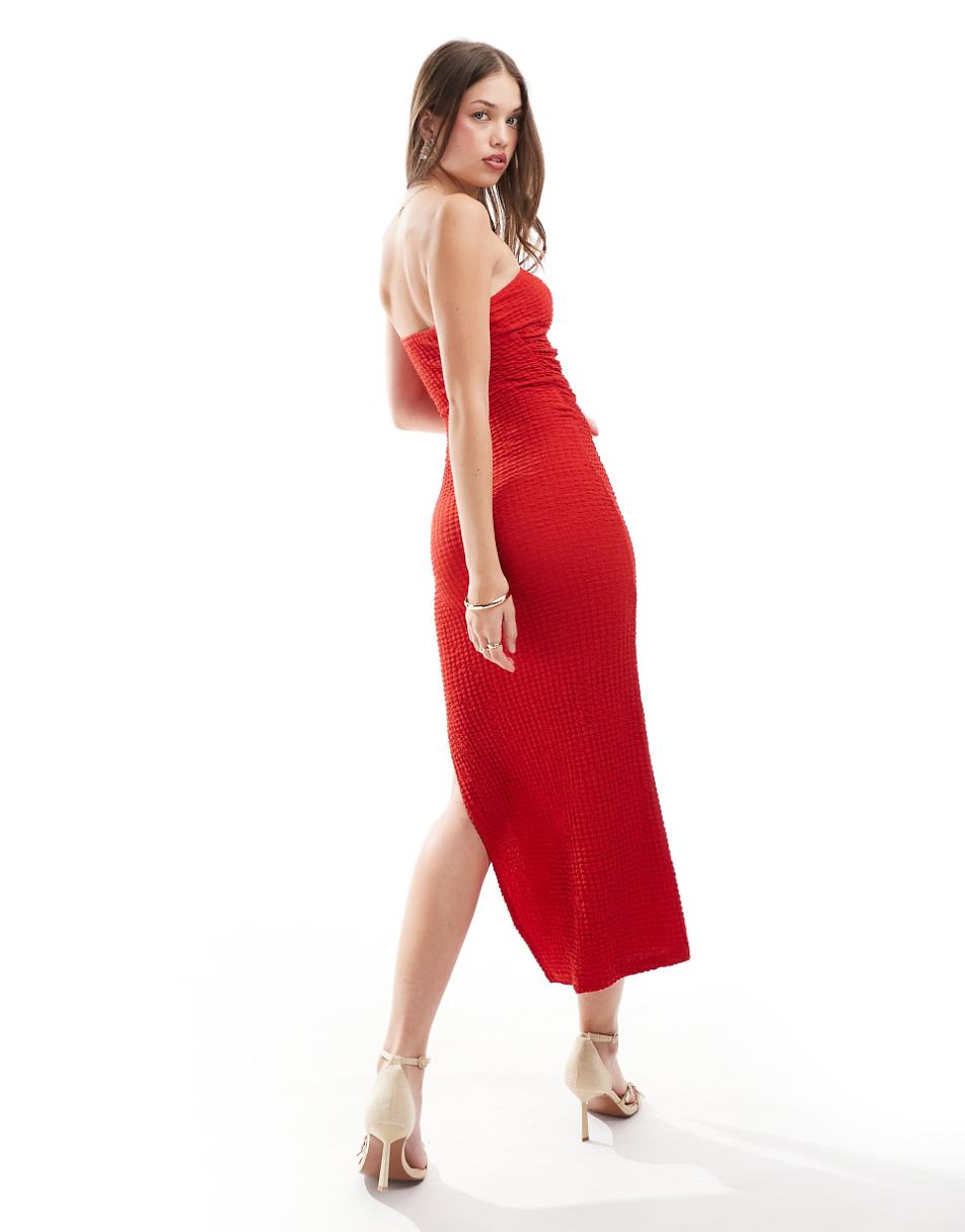 Pull&Bear textured bandeau maxi dress with leg split in red