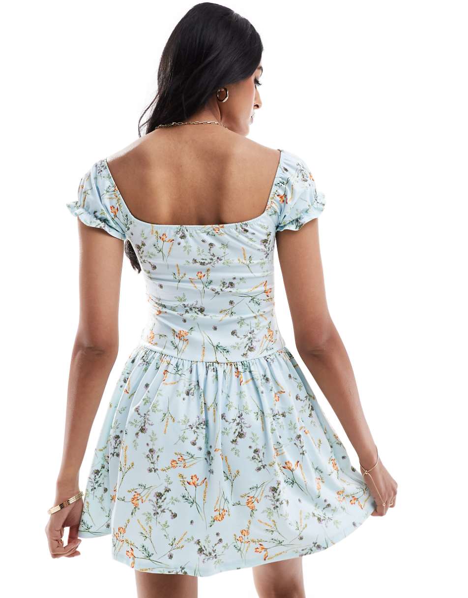 ASOS DESIGN milkmaid puff sleeve mini dress with drop waist in blue ditsy print