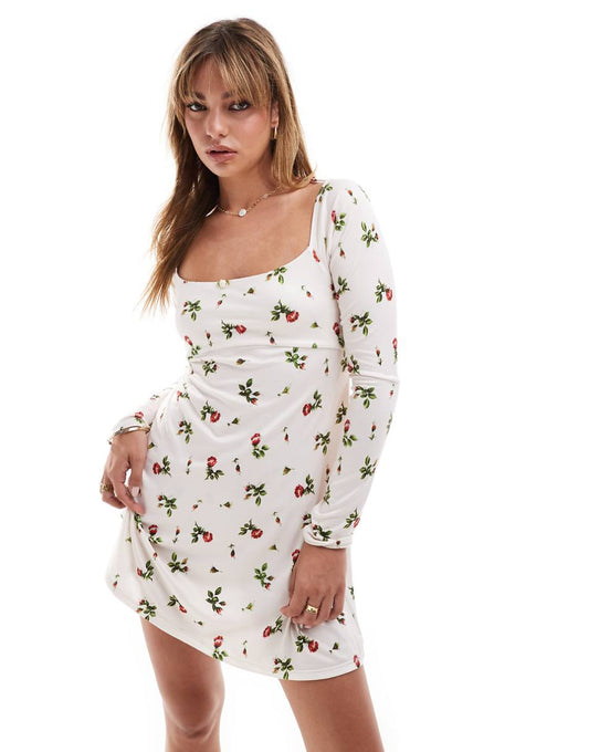 ASOS DESIGN long sleeve square neck mini dress with open back in white ditsy floral print