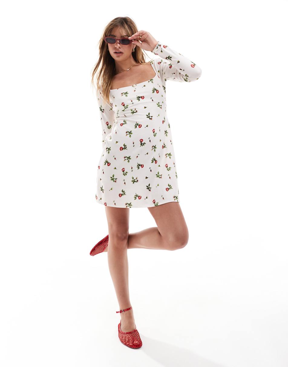 ASOS DESIGN long sleeve square neck mini dress with open back in white ditsy floral print