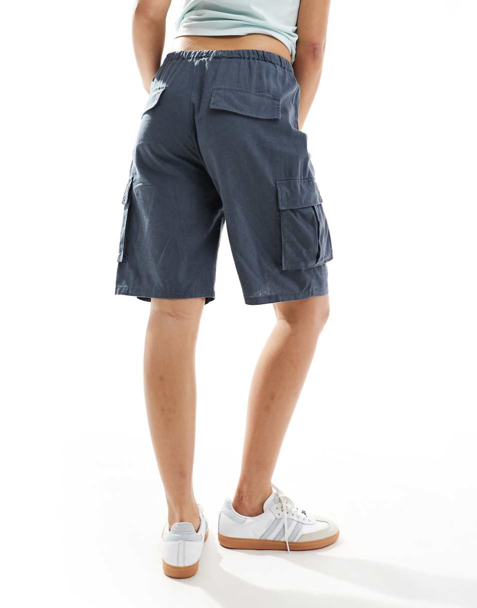 Pull&Bear linen look longline cargo shorts in charcoal gray