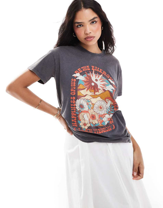 Pull&Bear floral landscape graphic oversized t-shirt in washed gray