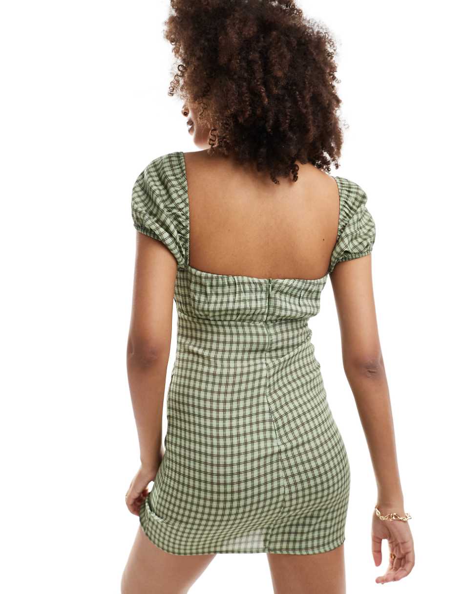 Pull&Bear milkmaid style mini dress in green plaid