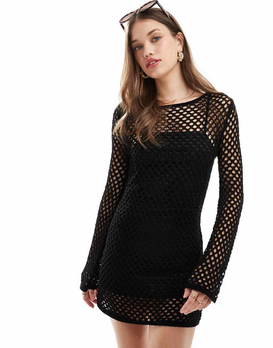 Pull&Bear knitted crochet mini dress in black