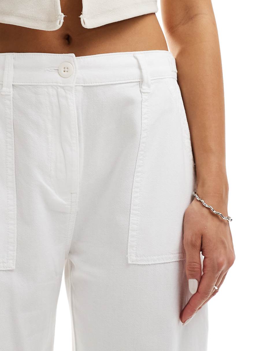 Pull&Bear wide leg cotton pants with adjustable waist in white