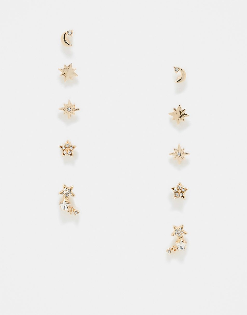 ASOS DESIGN pack of 5 stud earrings with celestial detail in gold tone