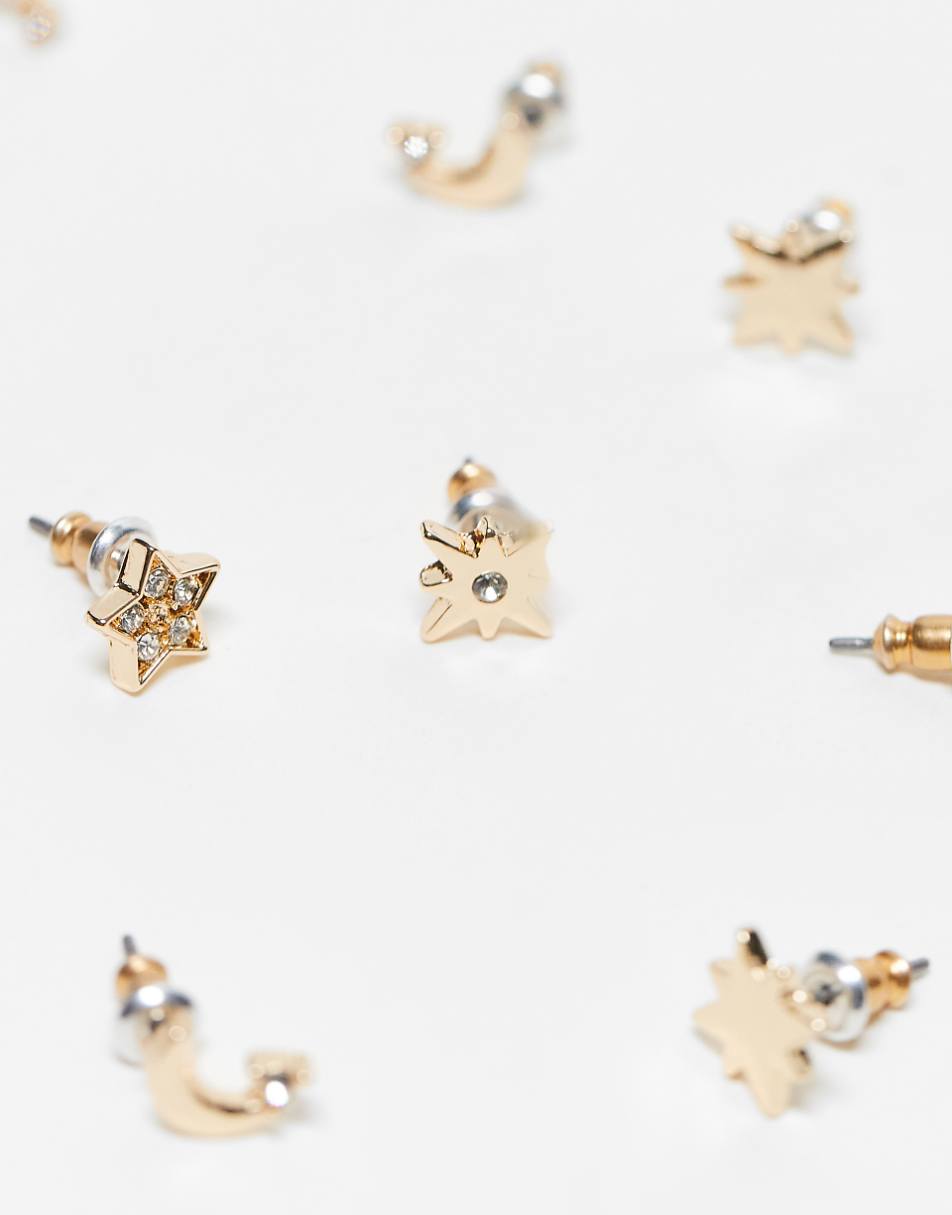 ASOS DESIGN pack of 5 stud earrings with celestial detail in gold tone