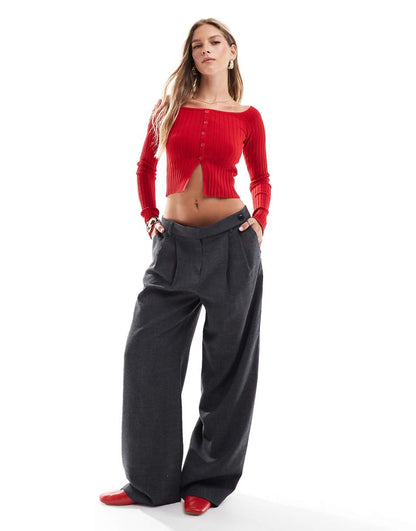 Bershka knitted button front bardot top in red