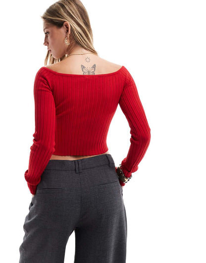 Bershka knitted button front bardot top in red