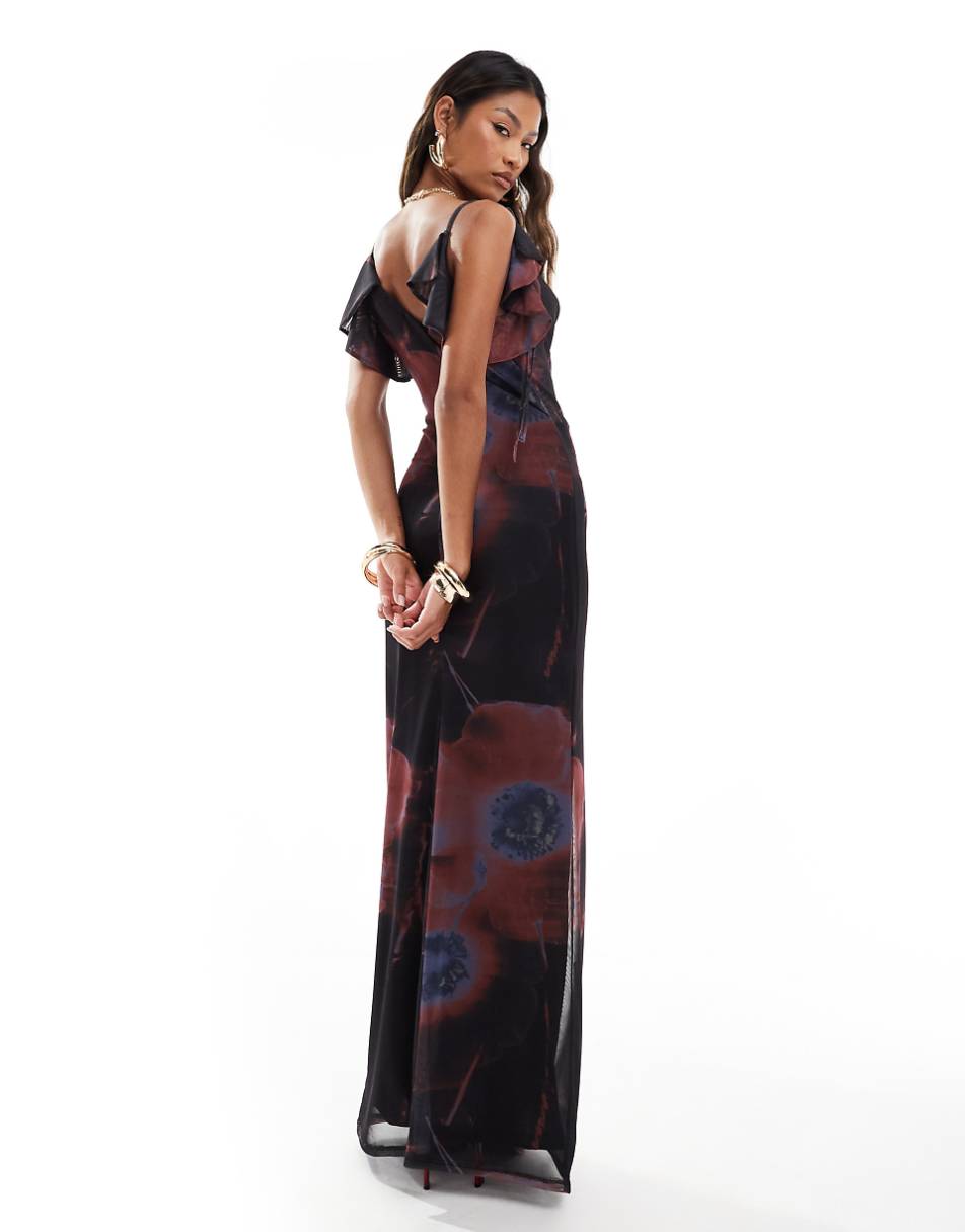 ASOS DESIGN plunge cowl neck maxi with tie detail in printed mesh in blurred floral