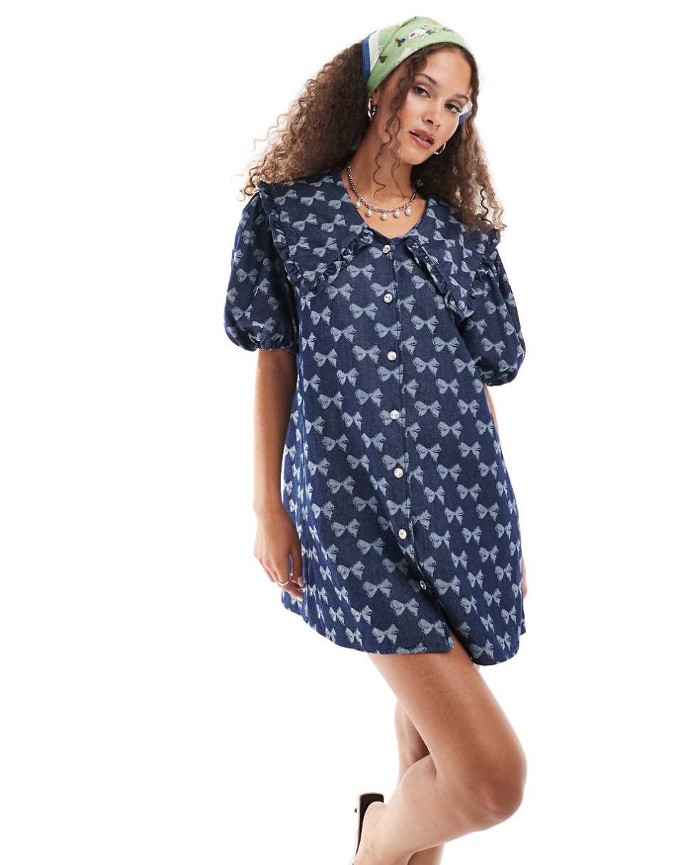 Sister Jane bow embroidered mini dress in denim - part of a set