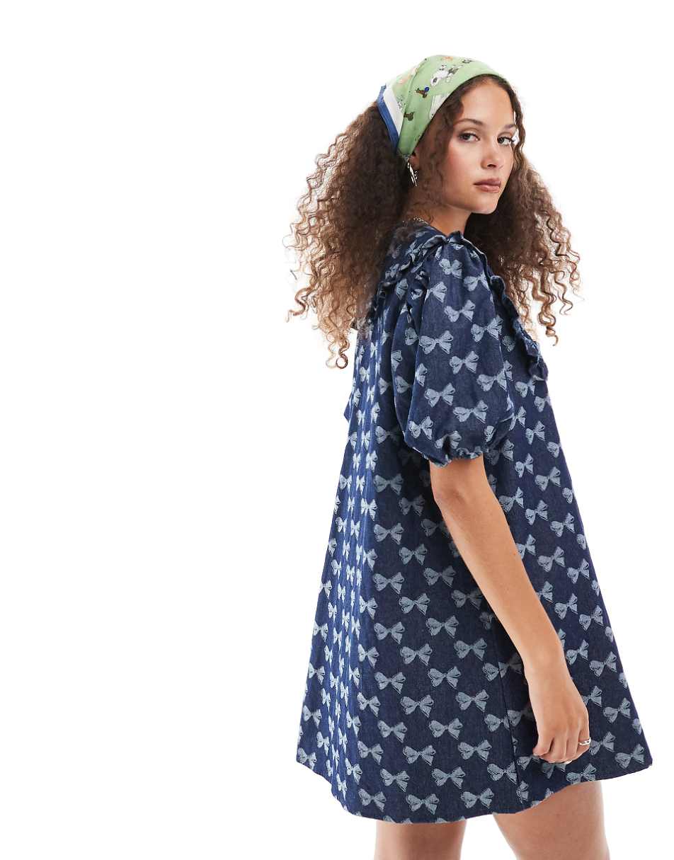 Sister Jane bow embroidered mini dress in denim - part of a set