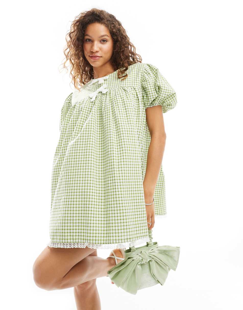 Sister Jane bow gingham mini dress with lace trim in green