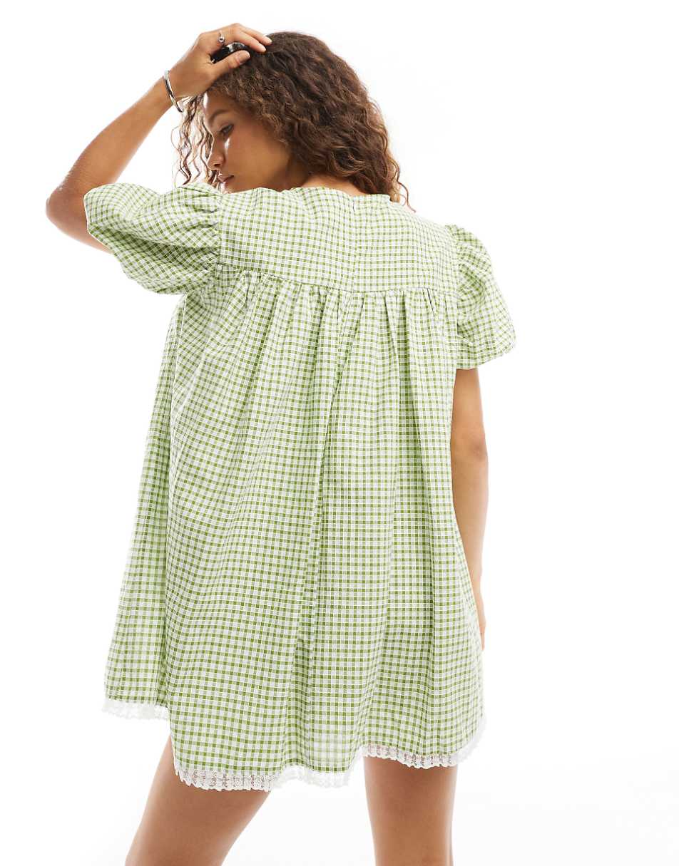 Sister Jane bow gingham mini dress with lace trim in green