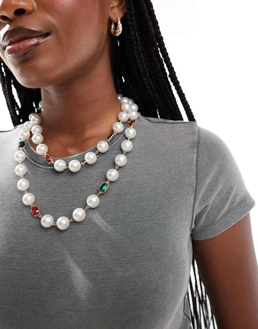 Reclaimed Vintage layered pearl necklace with colorful stones