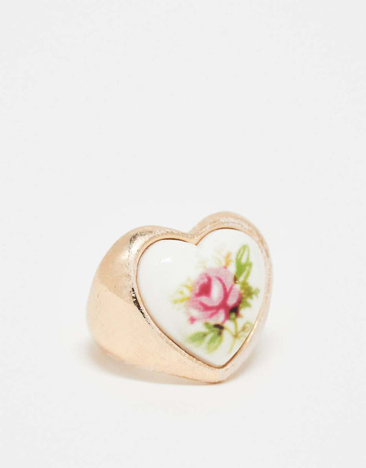 Reclaimed Vintage chunky gold ring with pink rose detail