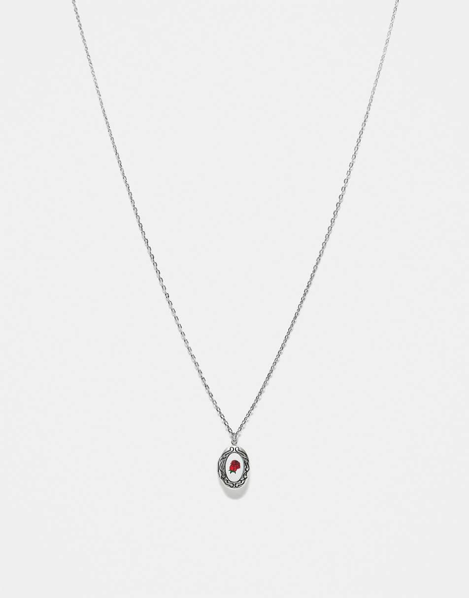 Reclaimed Vintage unisex locket pendant with rose in silver