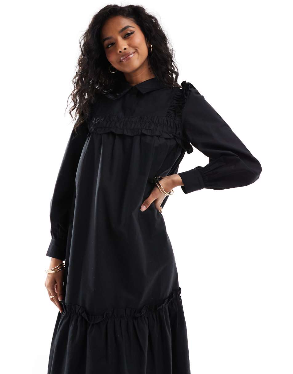 ASOS DESIGN cotton ruffle maxi smock dress in black