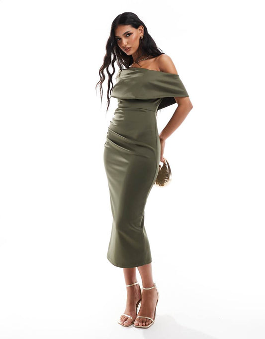 True Violet drape shoulder midaxi dress in olive