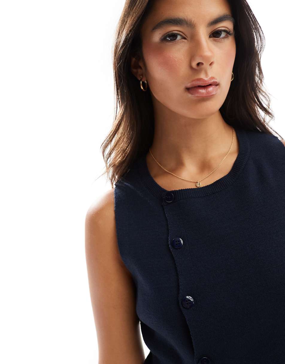 ASOS DESIGN knit asymmetric button front vest with split in navy