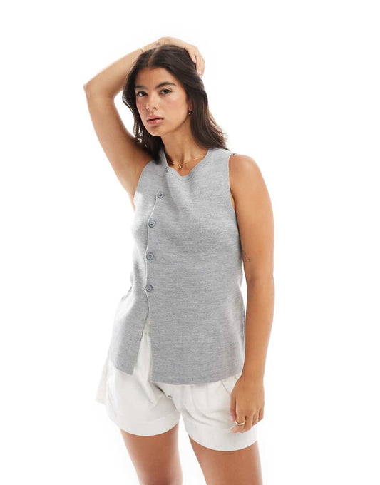 ASOS DESIGN knit asymmetric button front vest with split in gray