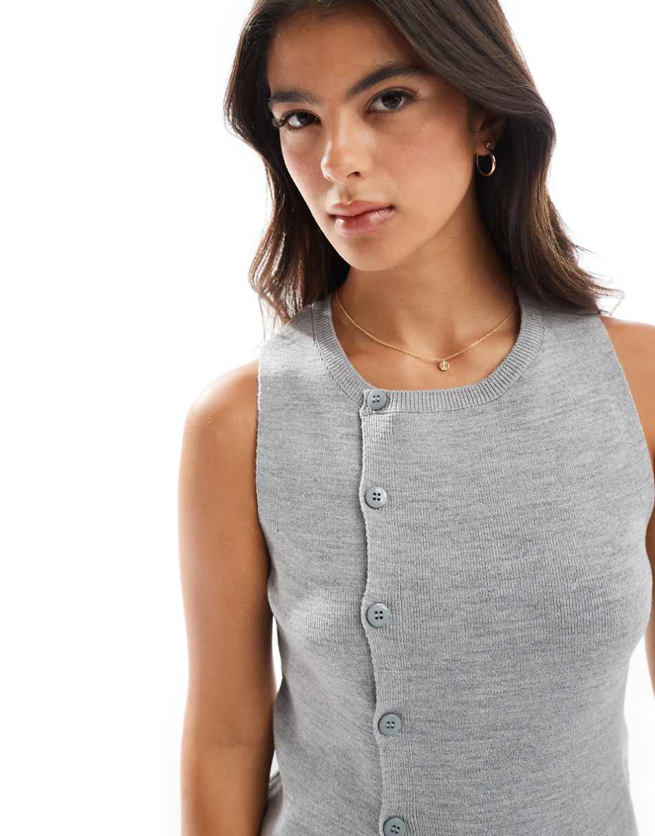 ASOS DESIGN knit asymmetric button front vest with split in gray