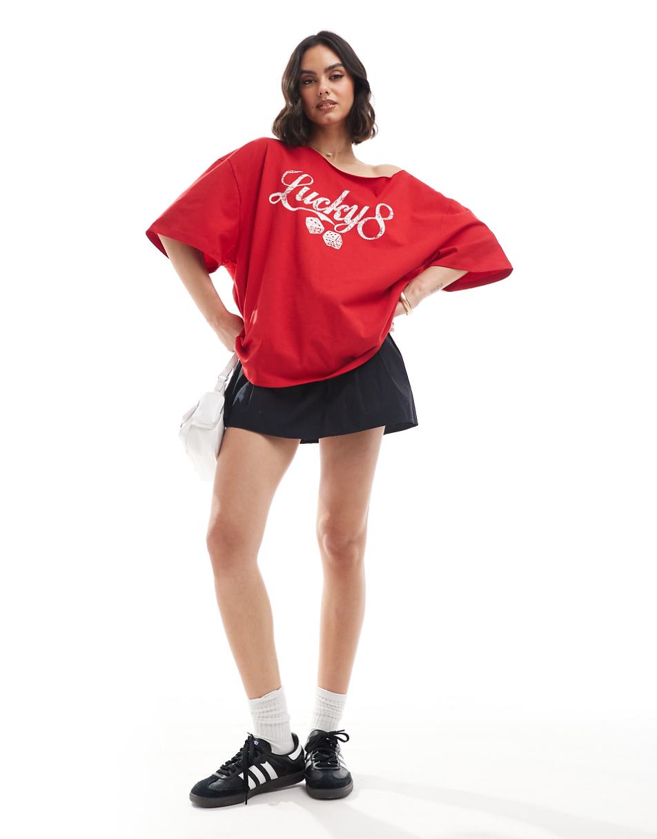 ASOS DESIGN relaxed off the shoulder t-shirt with lucky dice graphic in red