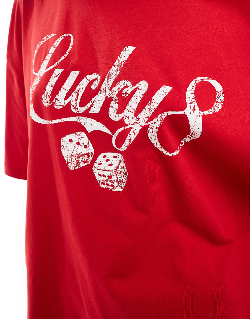 ASOS DESIGN relaxed off the shoulder t-shirt with lucky dice graphic in red