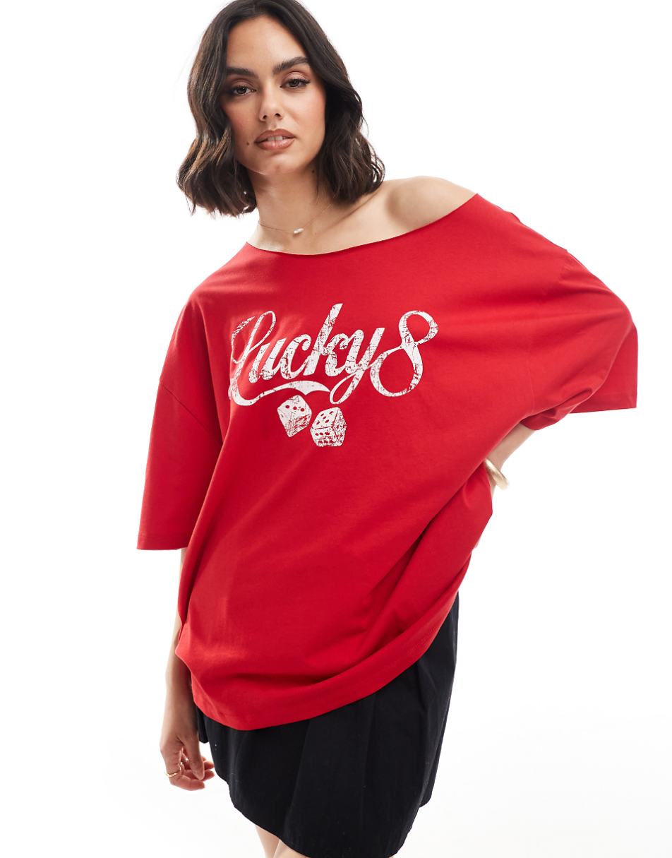 ASOS DESIGN relaxed off the shoulder t-shirt with lucky dice graphic in red