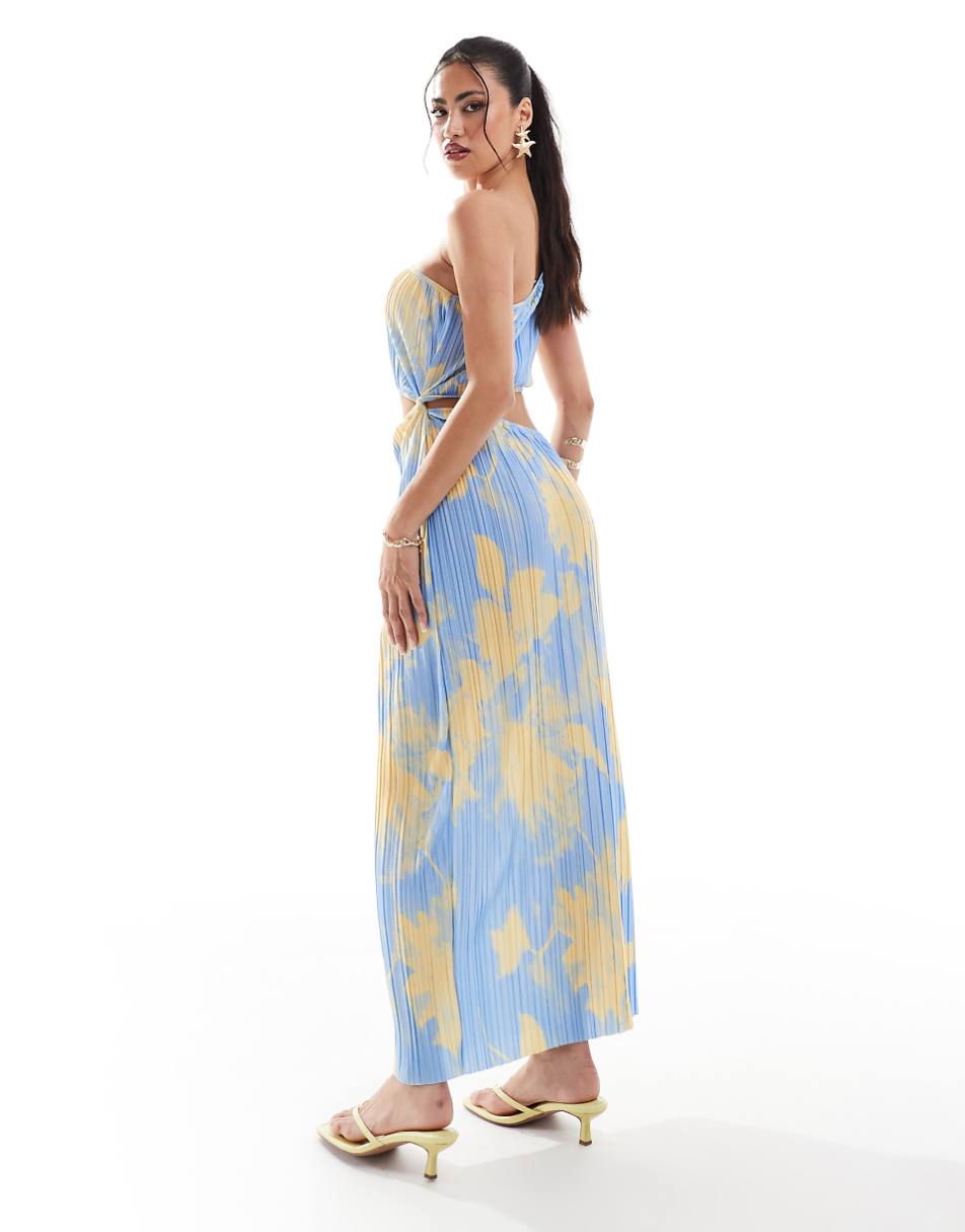 ASOS DESIGN cut out one shoulder plisse midi dress in blue floral print