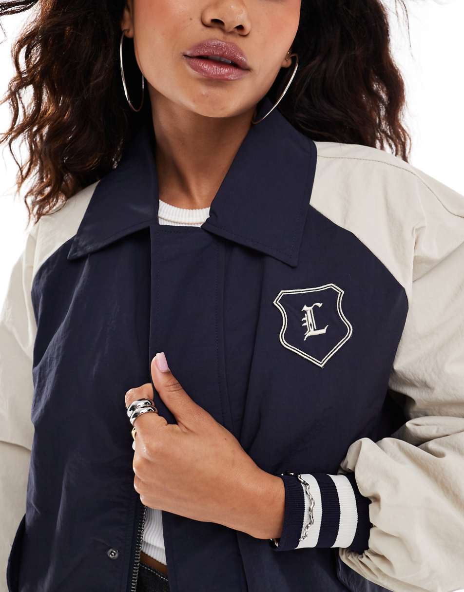 Lioness collegiate collar detail bomber jacket with contrast sleeves in navy