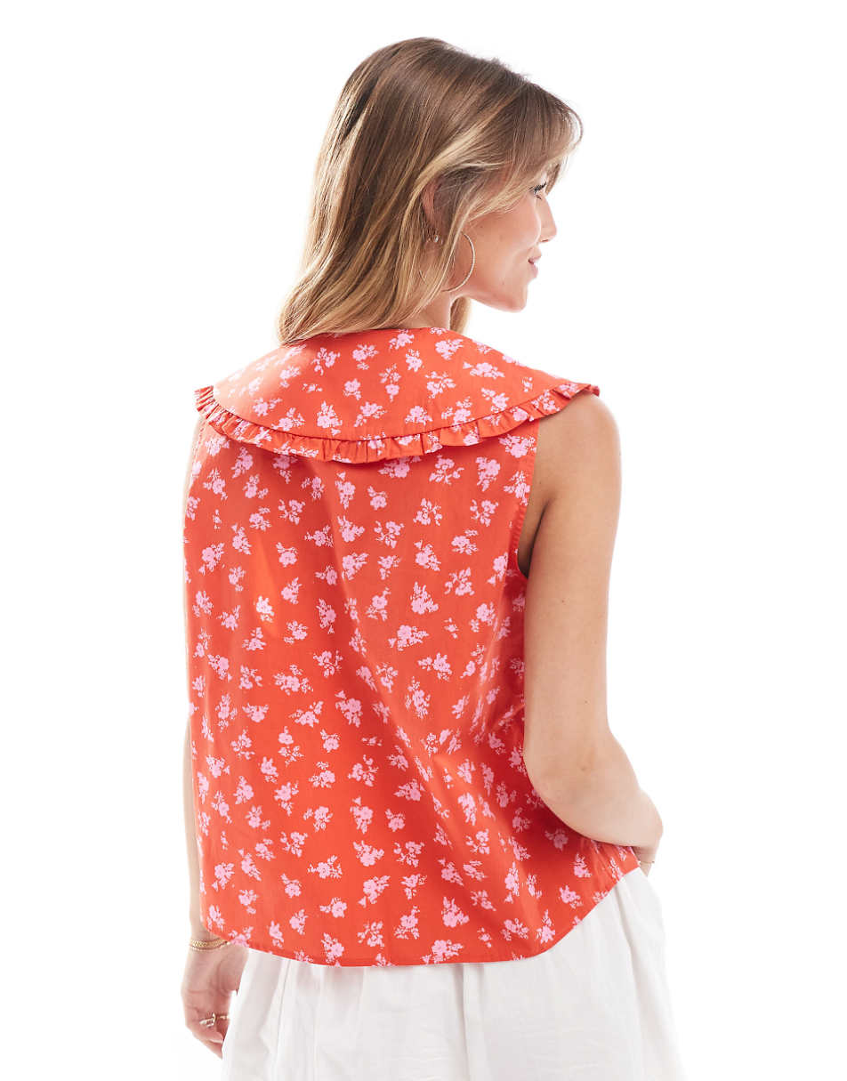ASOS DESIGN poplin piecrust collar sleeveless blouse in red floral