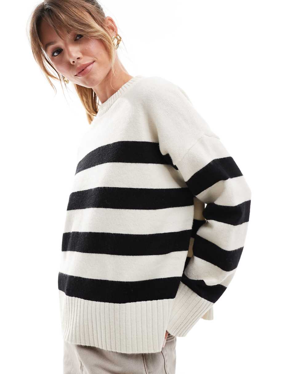 Bershka chunky crew neck sweater in ecru & black stripe