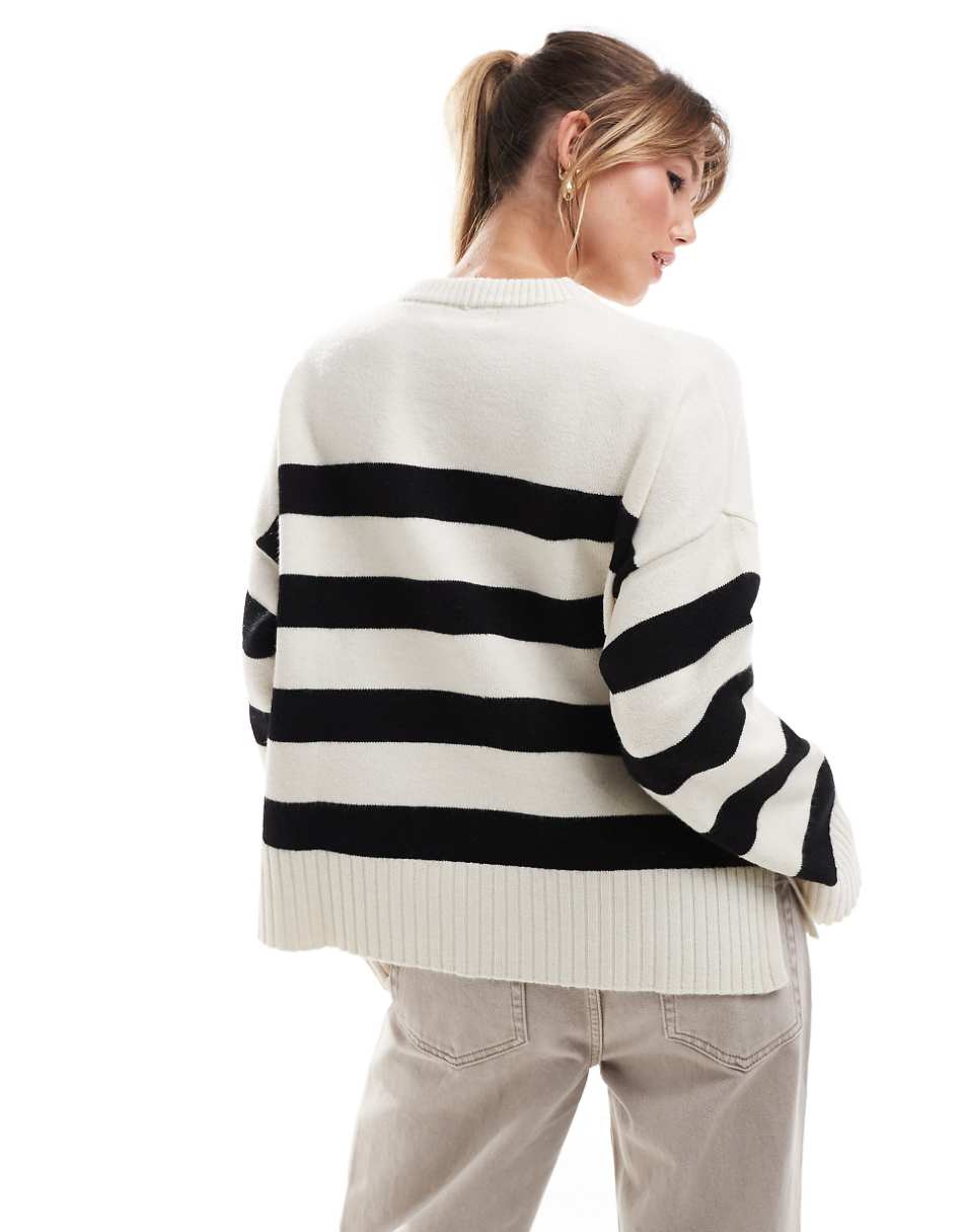 Bershka chunky crew neck sweater in ecru & black stripe