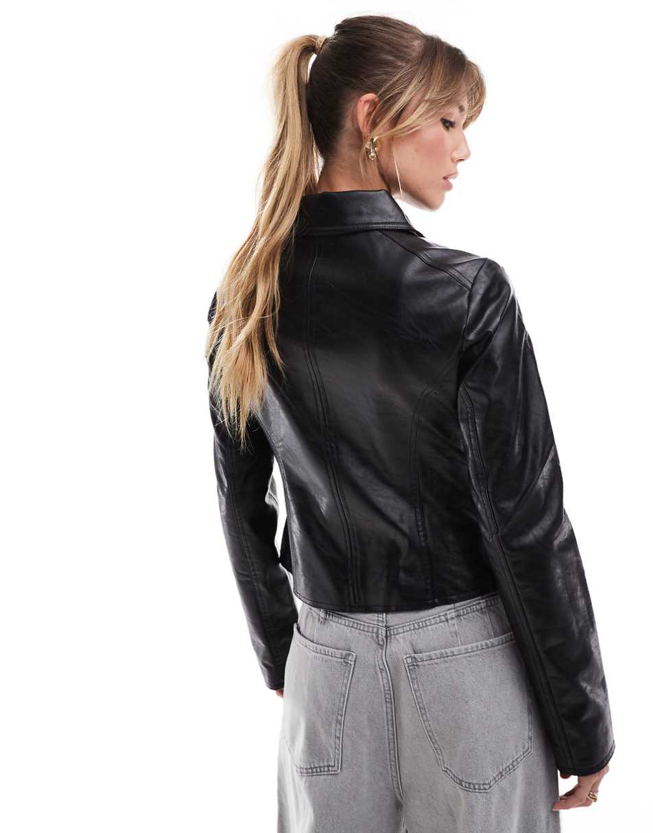 Bershka fitted faux leather jacket in black