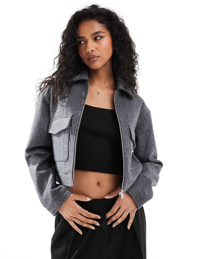 Bershka boxy wool jacket in dark gray