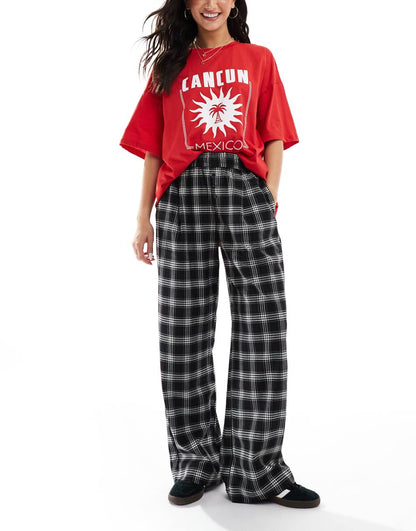 Bershka tie waist wide leg pants in black check