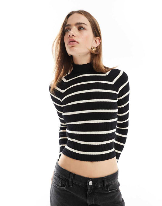 Stradivarius ribbed sweater in black & white stripe