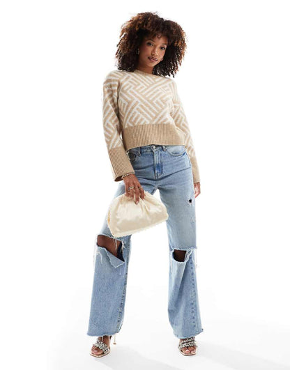 French Connection cropped knit sweater in pattern in cream and taupe