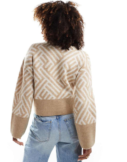 French Connection cropped knit sweater in pattern in cream and taupe