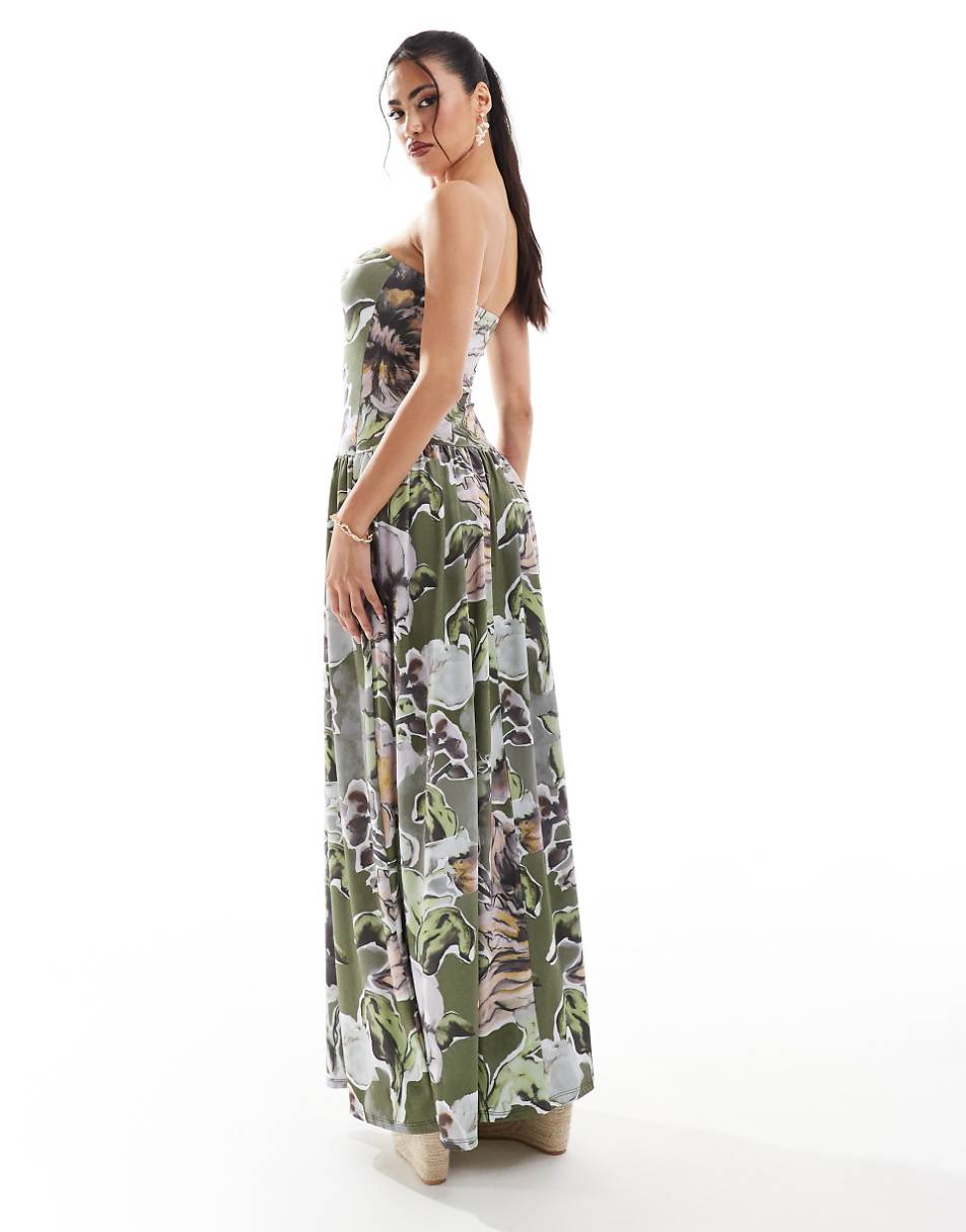 ASOS DESIGN bandeau dropped hem gathered maxi dress in dark floral print