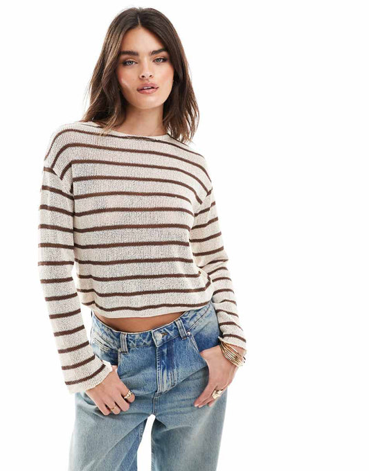 Pull&Bear fine knit sweater in brown stripe